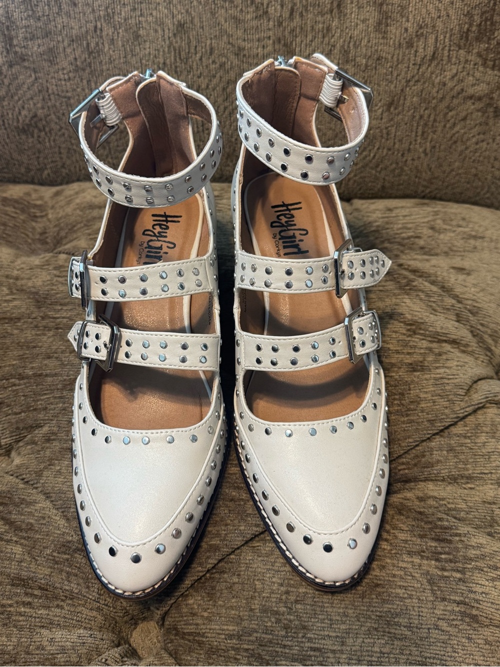 Corkys Cream Studded Triple-Strap Pointed Flats